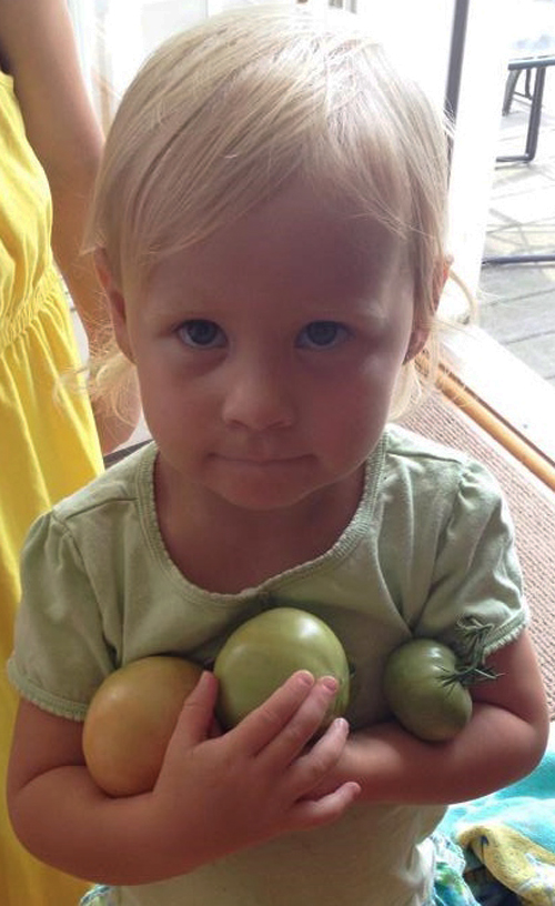 [Photo of little girls holds unripen vegetables in her arms]