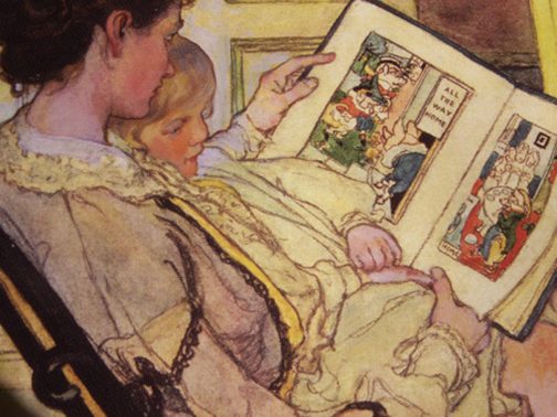 [Drawing nof a mother reading to a child]