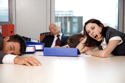 [Photo of office workers sleeping on a conference table]