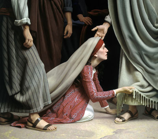 [Photo of a woman touching the hem of Jesus' garment]