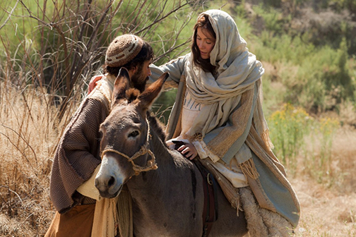 [Photo of Mary and Joseph with the donkey]