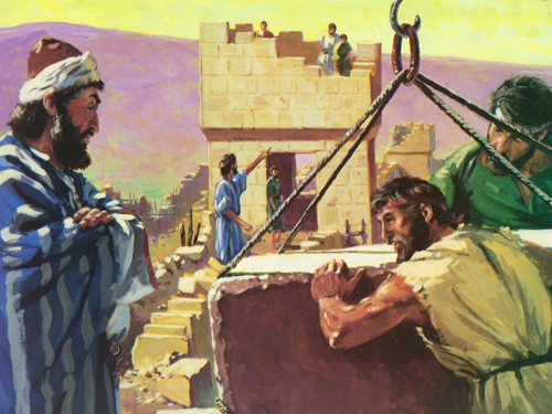 [Drawing of Nehemiah supervising the building of the wall around Jerusalem]