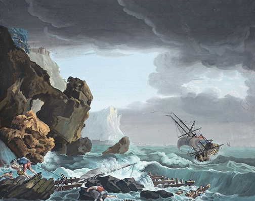 [Painting of a capsizing boat in a stormy sea]