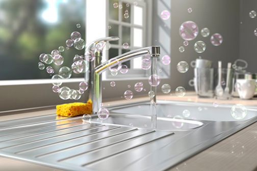 [Photo of soap bubbles rising from a kitchen sink]
